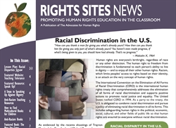 [ai] A newsletter titled "Rights Sites News" that focuses on human rights education. The cover features the title, an illustration of a fruit, and sections on racial discrimination, including quotes and statistics. It promotes awareness of racial disparities in the U.S.
